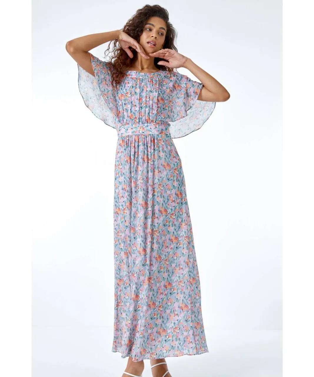 Roman Womens Floral Print Angel Sleeve Maxi Dress - Lilac