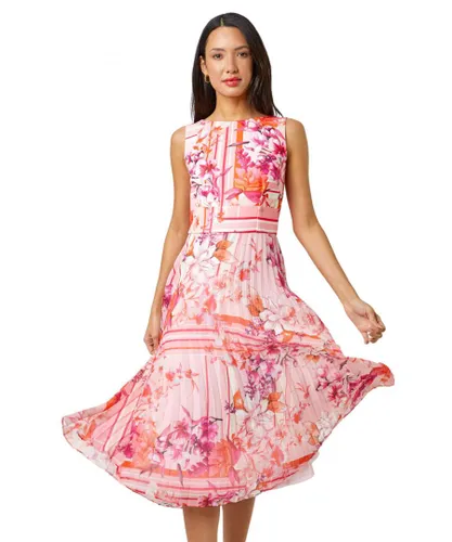 Roman Womens Floral Print Fit And Flare Pleated Dress - Pink