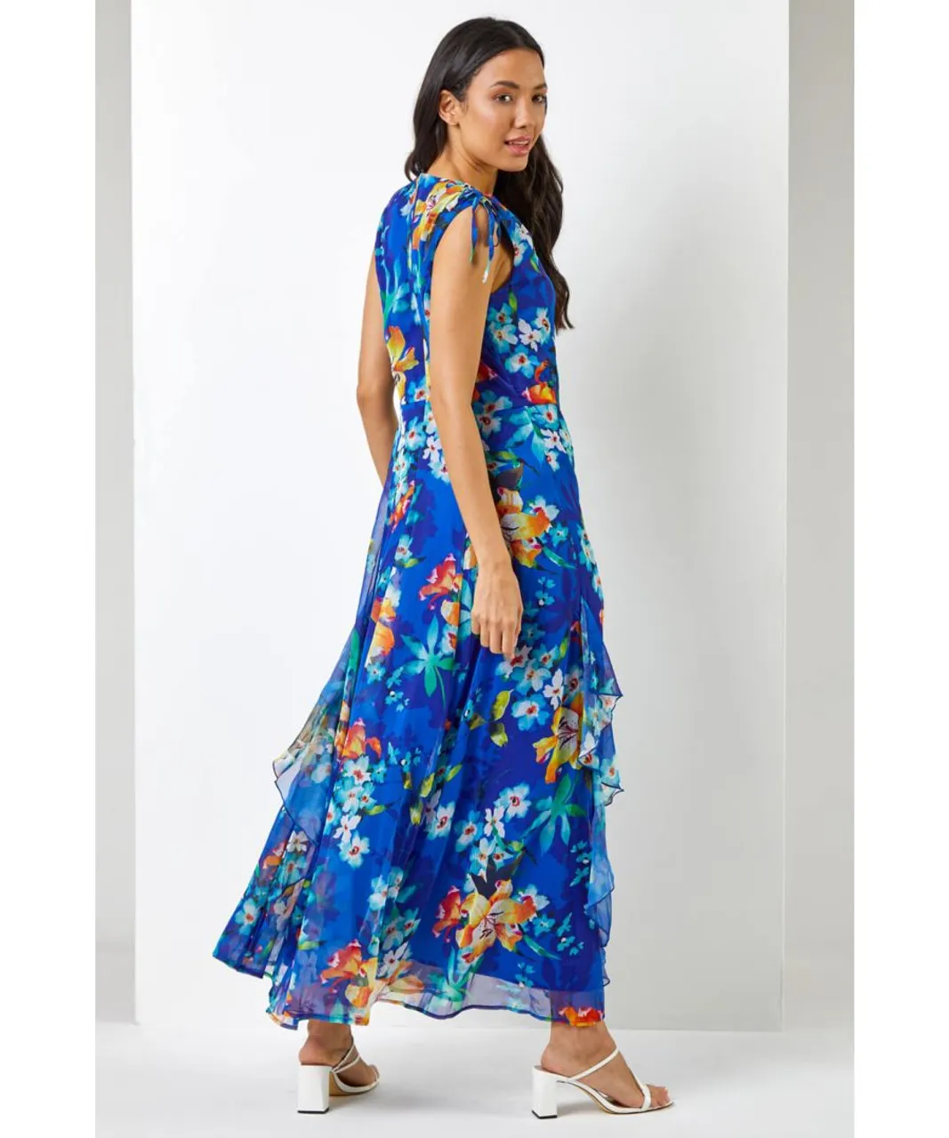 Roman Womens Floral Print Frill Detail Maxi Dress - Blue