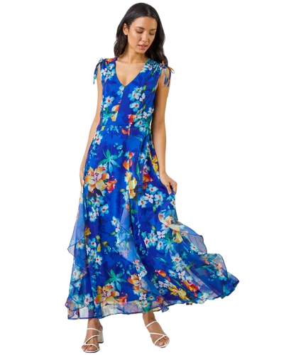 Roman Womens Floral Print Frill Detail Maxi Dress - Blue