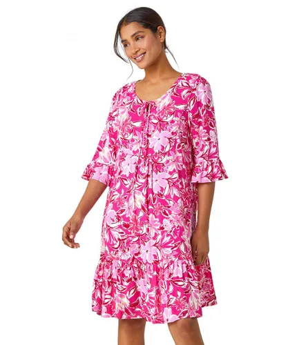 Roman Womens Floral Print Frill Detail Smock Dress - Pink