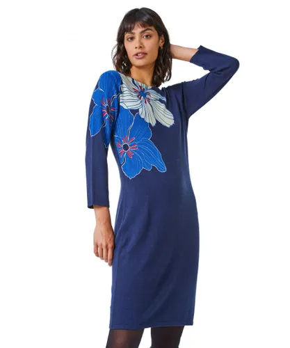 Roman Womens Floral Print Knitted Dress - Navy