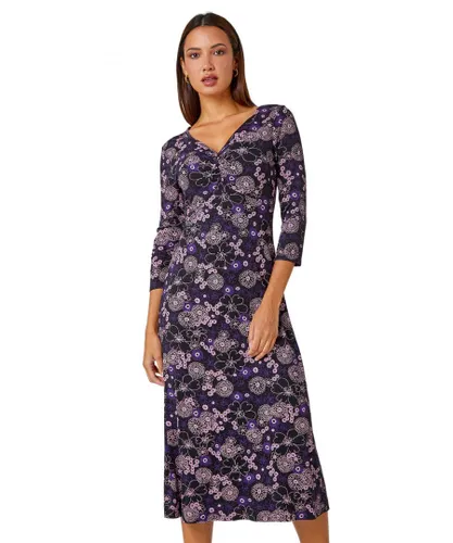 Roman Womens Floral Print Ruched Midi Stretch Dress - Purple