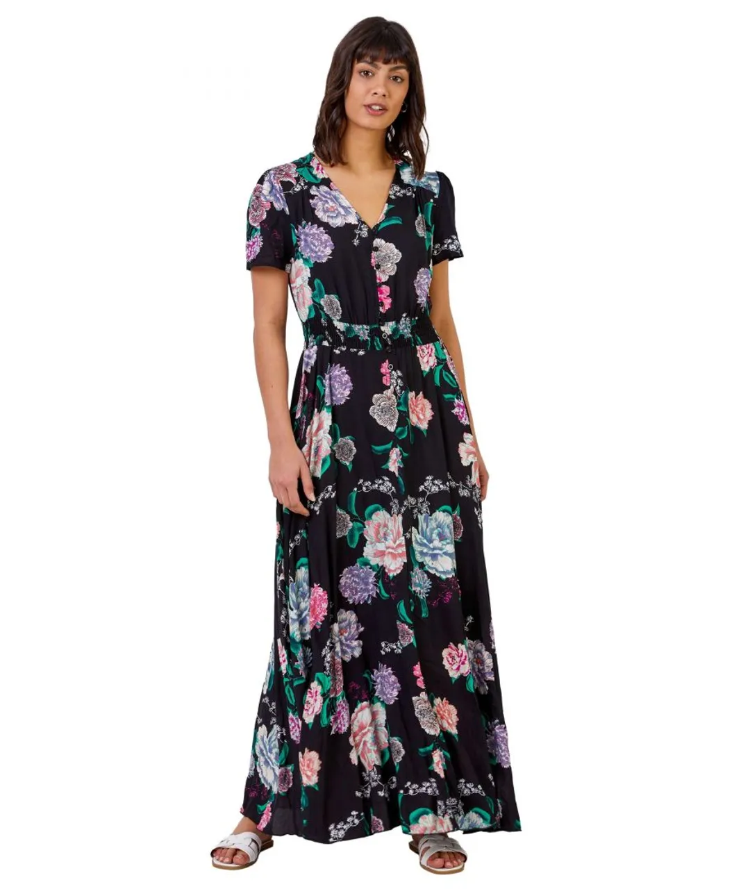 Roman Womens Floral Print Shirred Waist Maxi Dress - Black