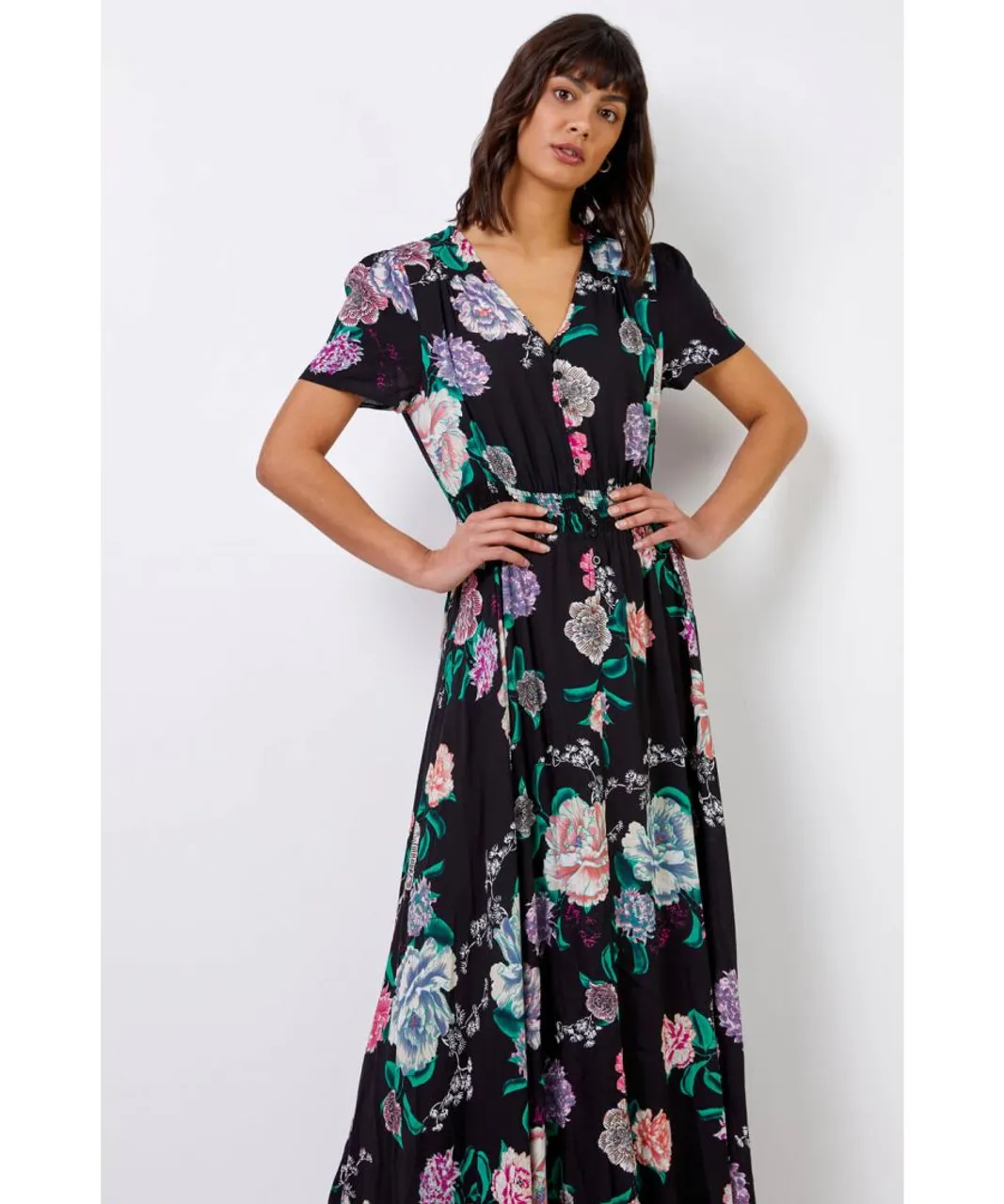 Roman Womens Floral Print Shirred Waist Maxi Dress - Black