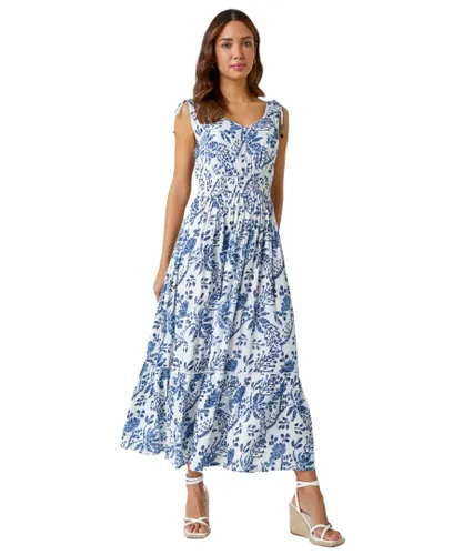 Roman Womens Floral Print Shirred Waist Maxi Dress - Blue