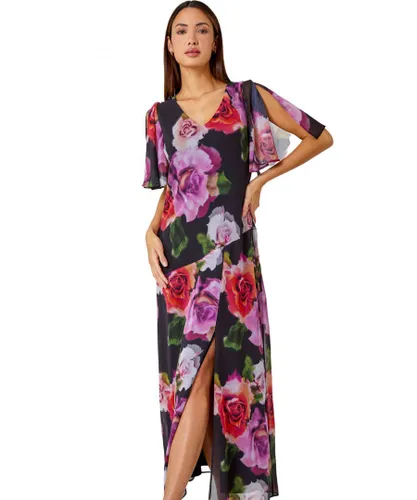 Roman Womens Floral Print Tie Back Maxi Dress - Black