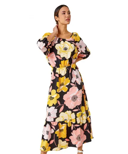Roman Womens Floral Print Tiered Hem Maxi Dress - Yellow