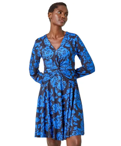 Roman Womens Floral Print Twist Detail Stretch Dress - Blue