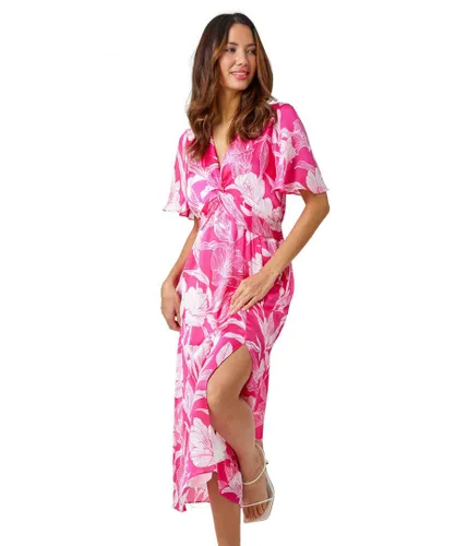 Roman Womens Floral Print Twist Front Midi Dress - Pink
