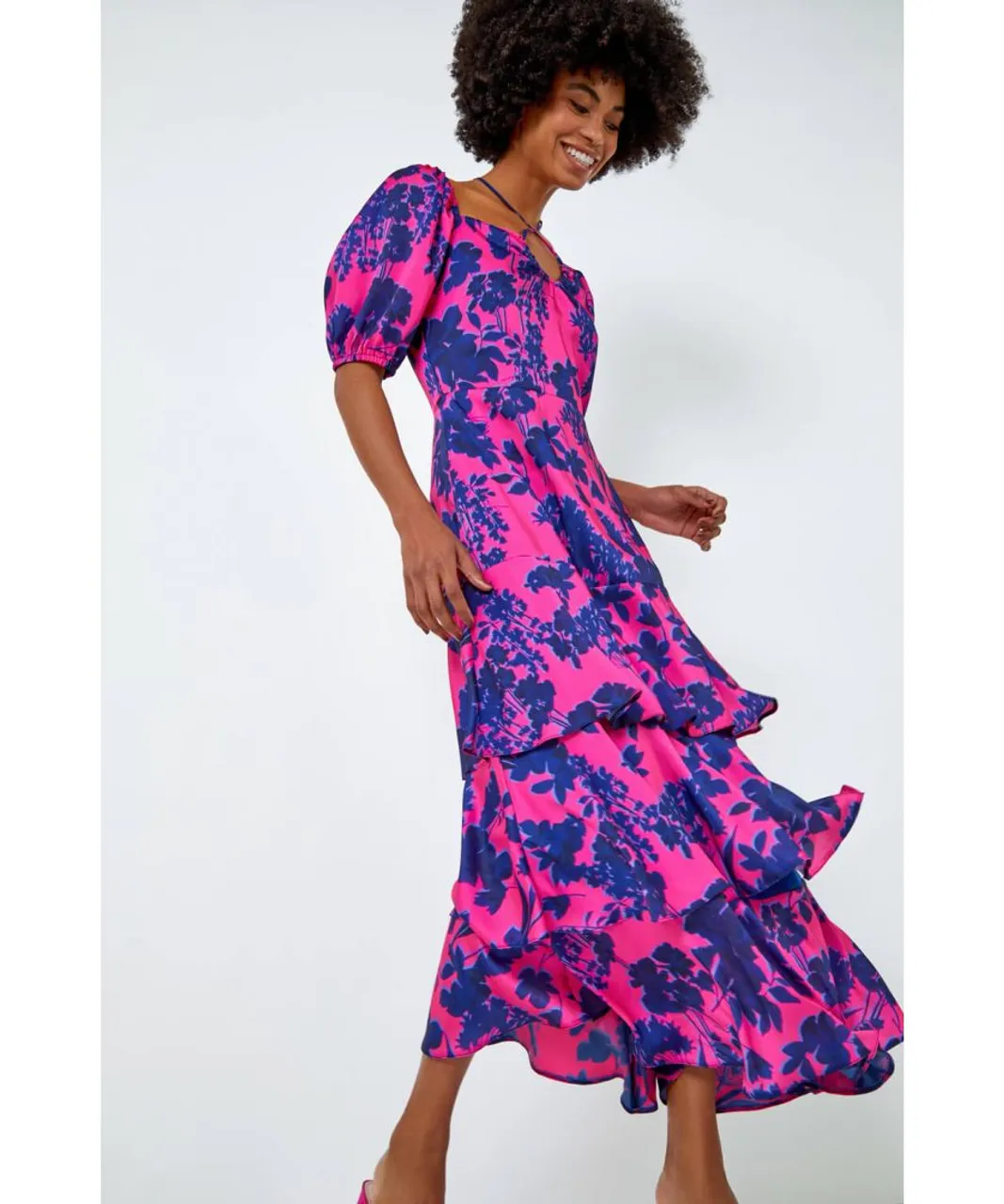 Roman Womens Floral Puff Sleeve Tiered Maxi Dress - Pink