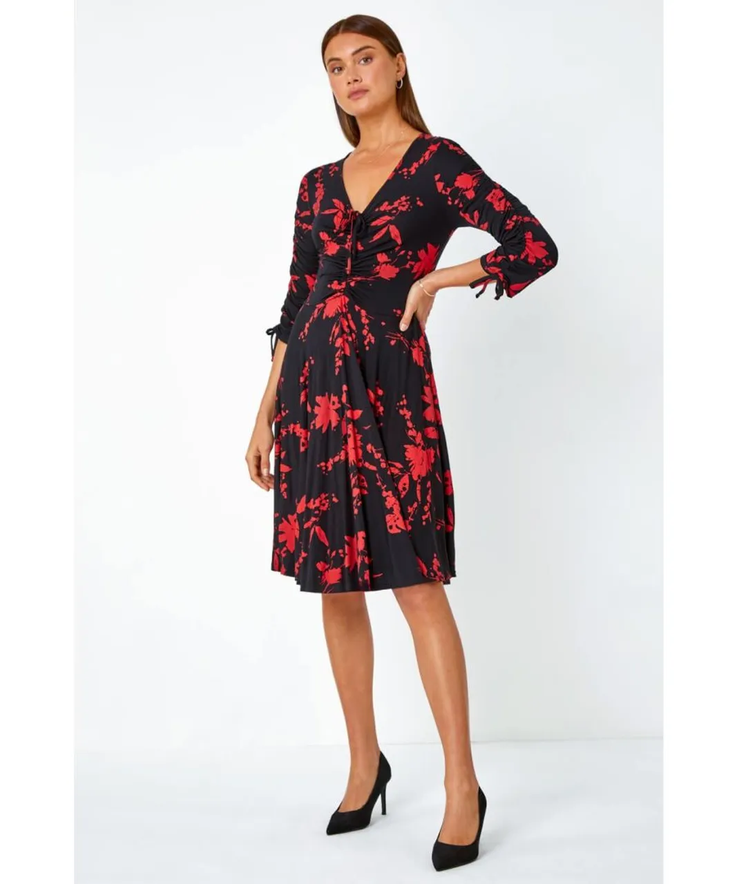 Roman Womens Floral Shadow Print Ruched Stretch Dress - Red Leather