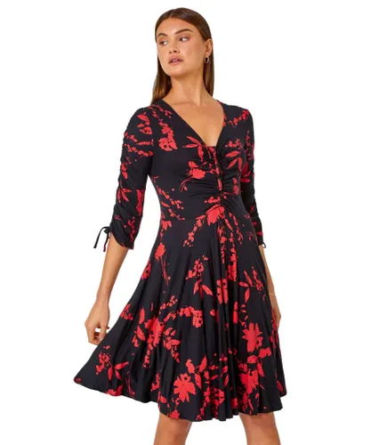 Roman Womens Floral Shadow Print Ruched Stretch Dress - Red