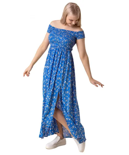 Roman Womens Floral Shirred Bardot Maxi Dress - Blue