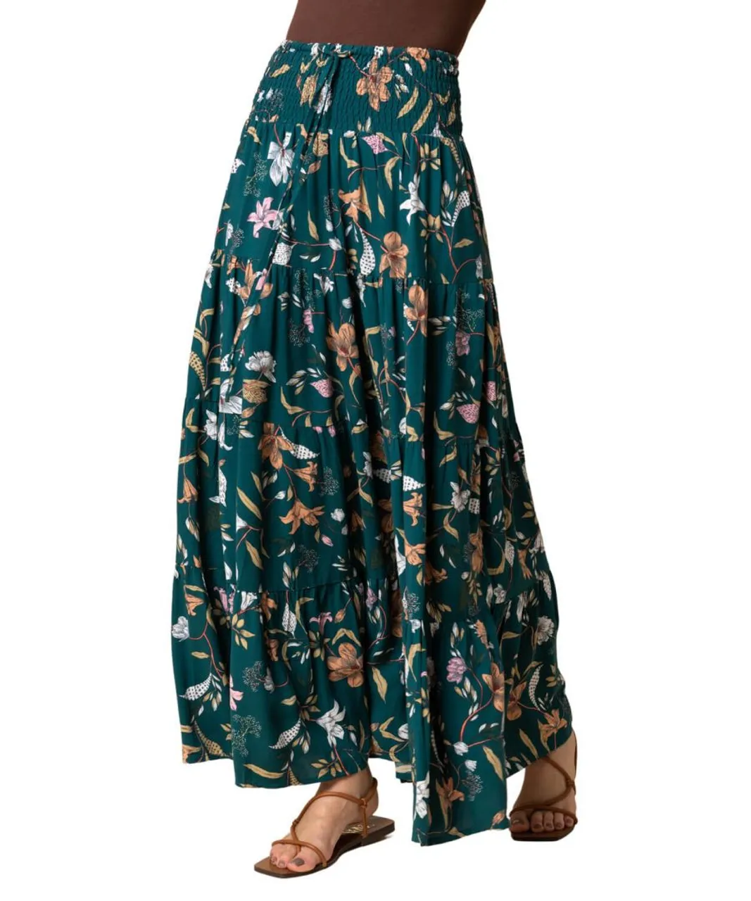 Roman Womens Floral Shirred Waist Maxi Skirt - Teal