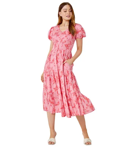 Roman Womens Floral Shirred Waist Tiered Midi Dress - Pink