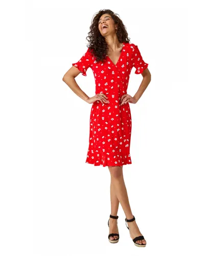 Roman Womens Floral Stretch Jersey Tea Dress - Red