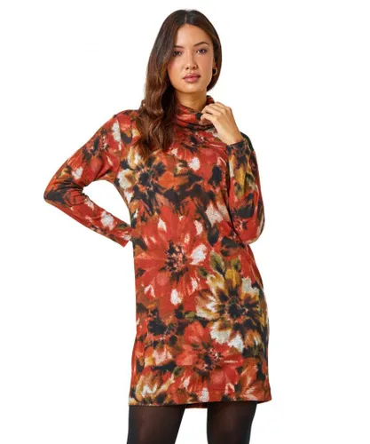Roman Womens Floral Tie Dye Print Tunic Stretch Dress - Rust