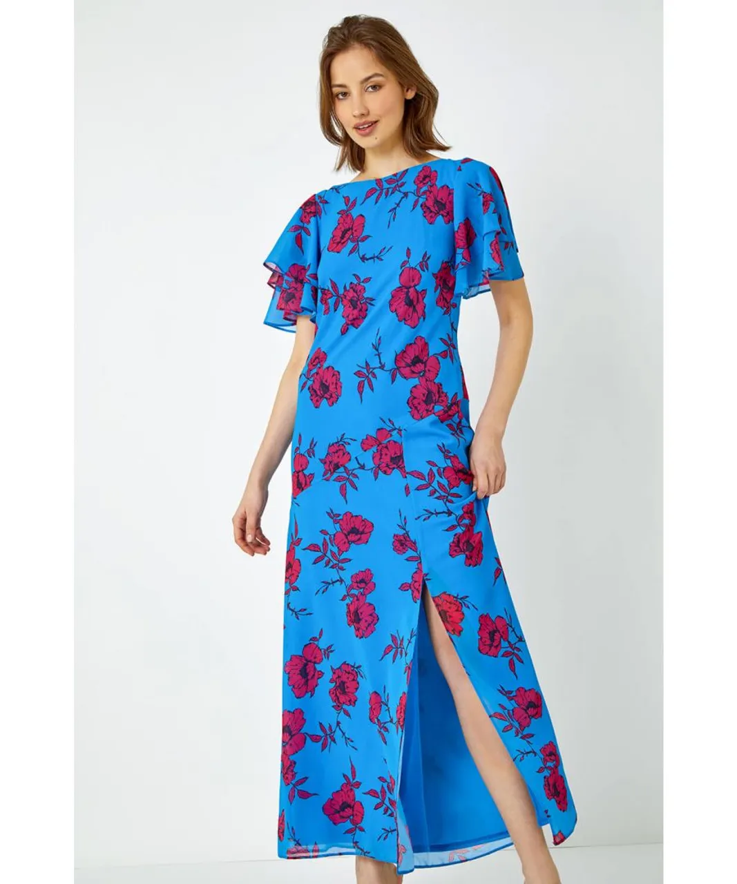 Roman Womens Floral Tiered Sleeve Maxi Dress - Blue