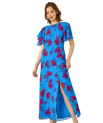 Roman Womens Floral Tiered Sleeve Maxi Dress - Blue