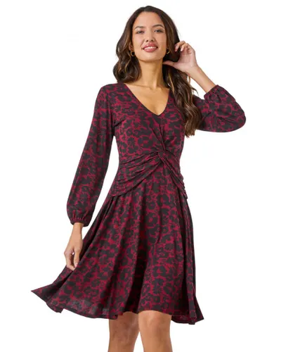Roman Womens Floral Twist Stretch Ruched Jersey Dress - Red
