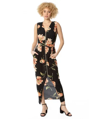 Roman Womens Floral Zip Front Maxi Dress - Black