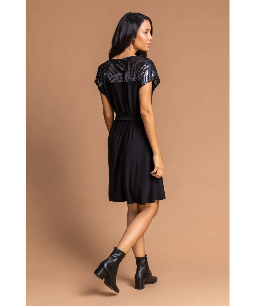 Roman Womens Foil Print Contrast Yoke Dress - Black