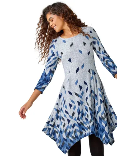 Roman Womens Geometric Print Panelled Stretch Dress - Blue