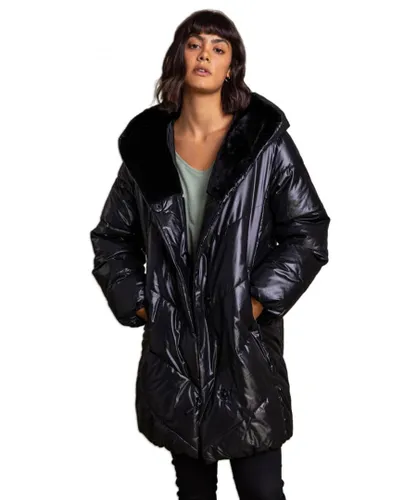 Roman Womens Hooded Long Quilted Coat - Black