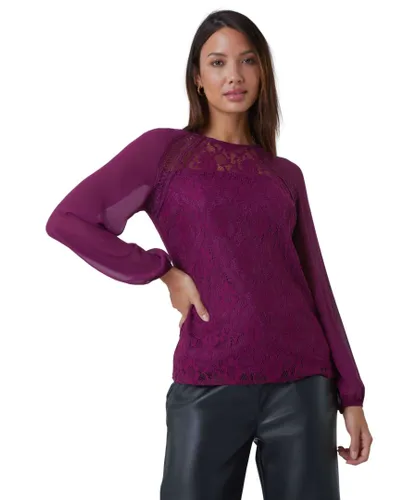 Roman Womens Lace Detail Chiffon Sleeve Stretch Top - Purple