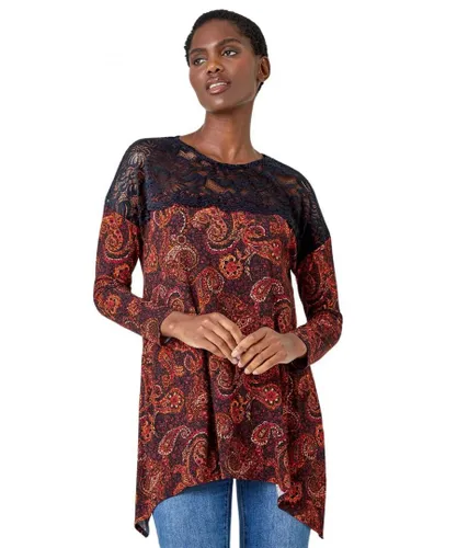 Roman Womens Lace Detail Paisley Print Stretch Top - Red