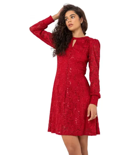 Roman Womens Lace Sparkle Swing Dress - Red