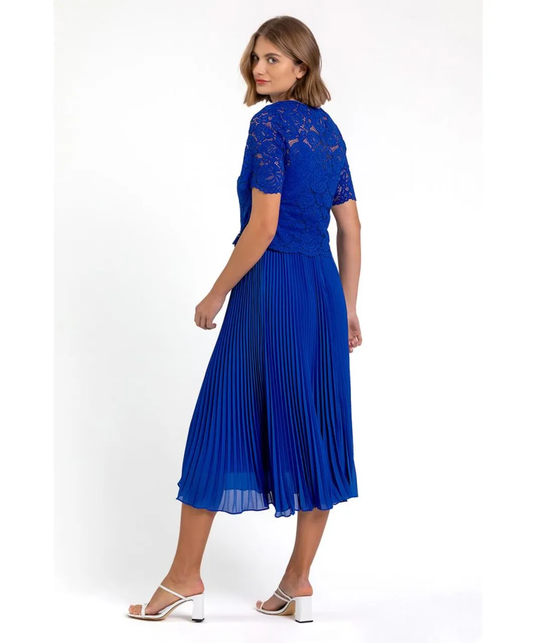 Roman Womens Lace Top Overlay Pleated Midi Dress - Blue
