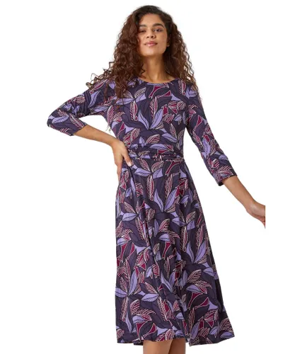 Roman Womens Leaf Print Gathered Stretch Dress - Purple