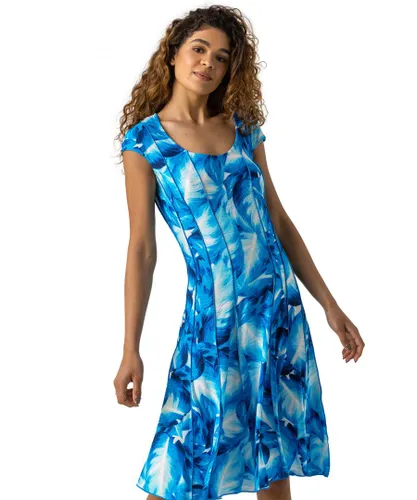 Roman Womens Leaf Print Panel Dress - Turquoise