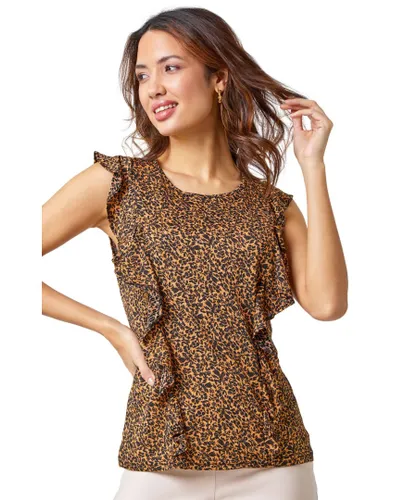 Roman Womens Leopard Print Frill Detail Jersey Top - Brown