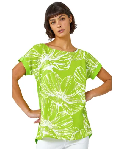 Roman Womens Linear Floral Print Stretch T-Shirt - Lime Green