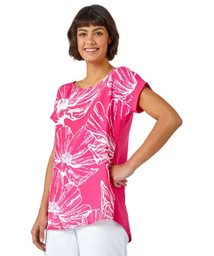 Roman Womens Linear Floral Print Stretch T-Shirt - Pink