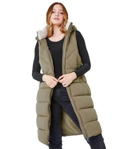 Roman Womens Longline Quilted Borg Neck Gilet - Green