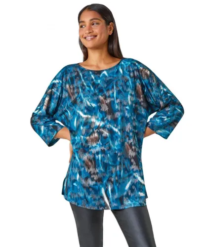 Roman Womens Metallic Abstract Print Oversized T-Shirt - Blue