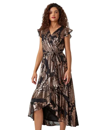 Roman Womens Metallic Paisley Print Midi Wrap Dress - Black