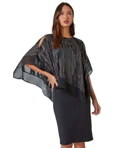 Roman Womens Metallic Print Overlay Stretch Dress - Black