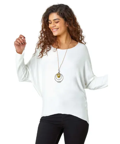 Roman Womens Necklace Detail Stretch Knit Top - Cream