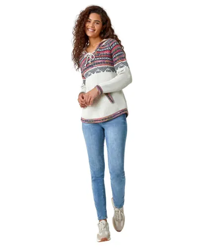 Roman Womens Nordic Print Knitted Hooded Jumper - Ivory