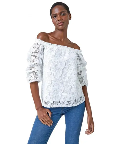 Roman Womens Paisley Lace Ruched Sleeve Bardot Top - Ivory