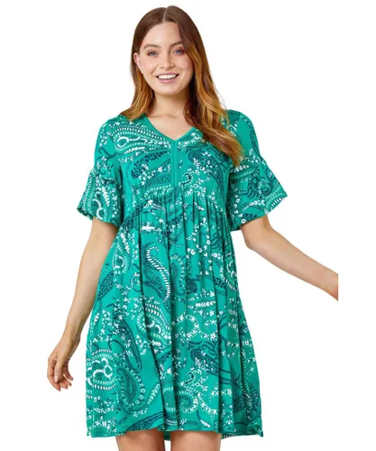 Roman Womens Paisley Print Frill Sleeve Dress - Green