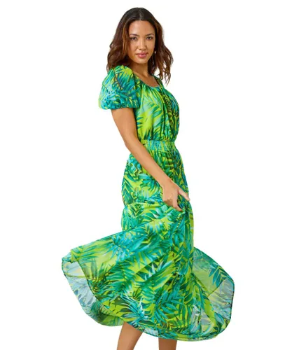 Roman Womens Palm Print Tiered Maxi Dress - Lime Green