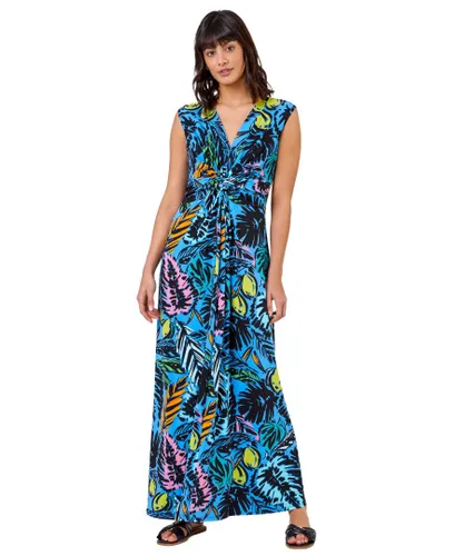 Roman Womens Palm Print Twist Waist Maxi Dress - Blue