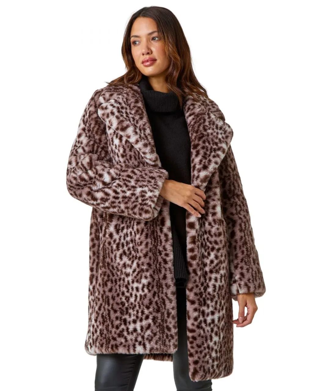 Roman Womens Premium Animal Print Faux Fur Coat - Taupe