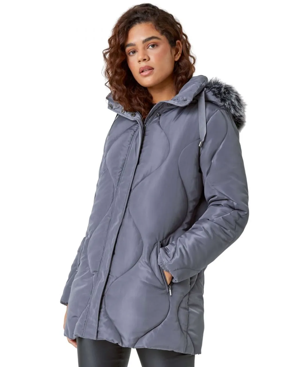 Roman Womens Quilted Faux Fur Hooded Coat - Grey